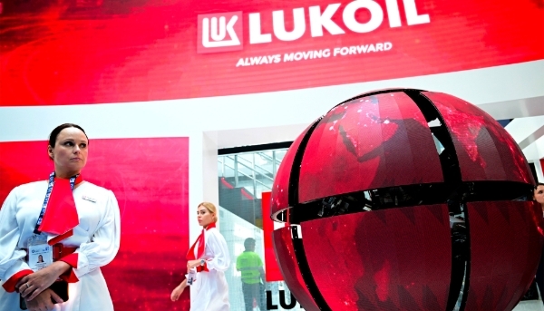 Logo of Russian giant Lukoil at the Abu Dhabi International Petroleum Exhibition and Conference (ADIPEC) on 3 November 2025.