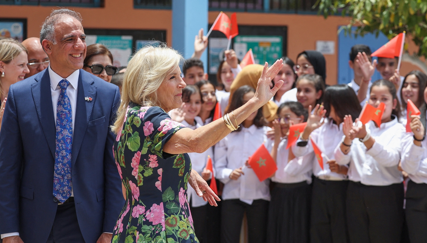The outgoing US Ambassador in Rabat Puneet Talwar and US First Lady Jill Biden in Marrakech, Morocco, on 5 June 2023.