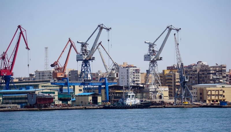 Ships and cranes in the city of Port Said, Egypt, April 2023.