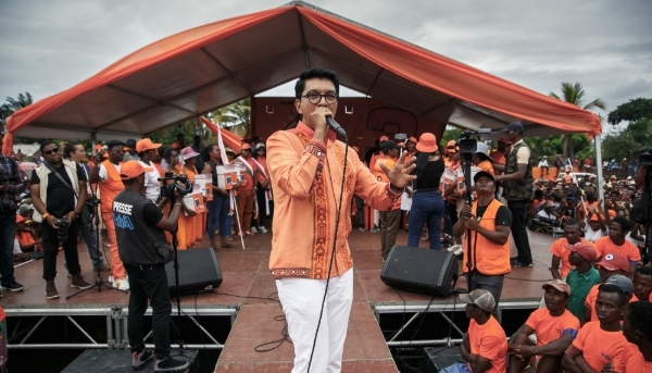 Incumbent Madagascar President Andry Rajoelina, candidate in the 2023 presidential election, speaks at a political rally during his re-election campaign, in Mahanoro, 11 November 2023.