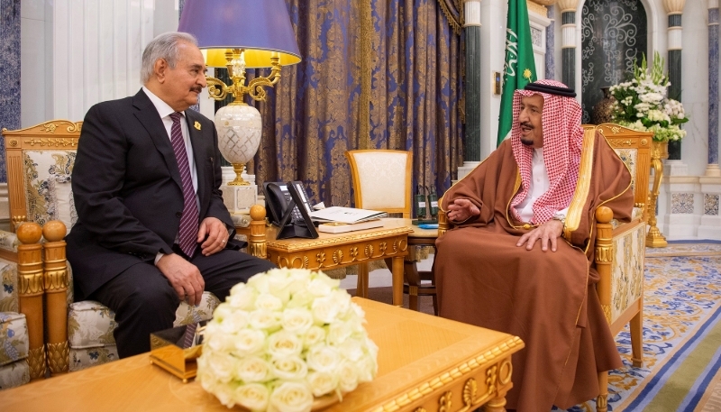 Khalifa Haftar and King Salman bin Abdulaziz of Saudi Arabia in Riyadh, on 27 March 2019. 