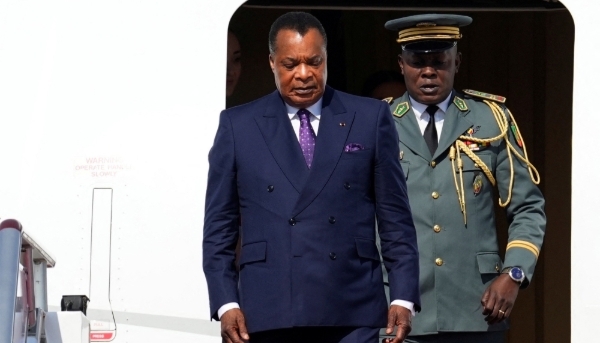 Congo’s president Denis Sassou Nguesso at Beijing Capital International Airport on 16 October 2023.