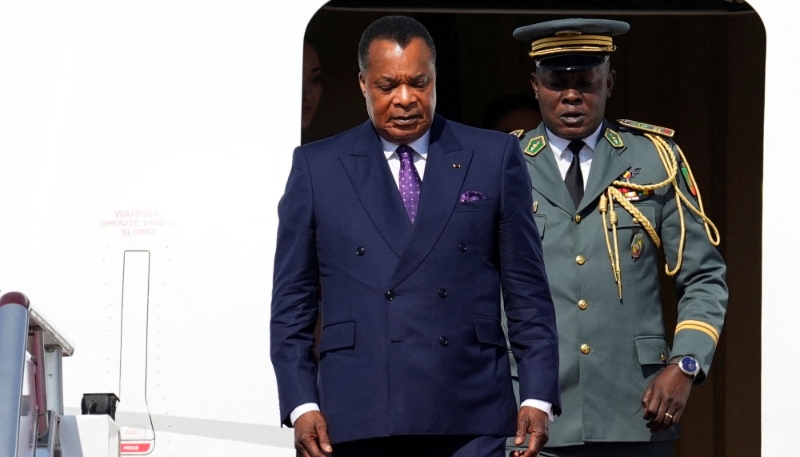 Congo’s president Denis Sassou Nguesso at Beijing Capital International Airport on 16 October 2023.