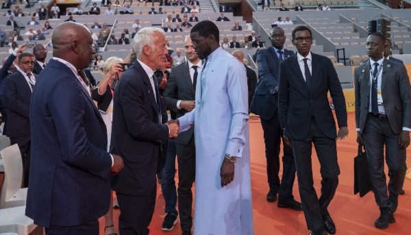Bassirou Diomaye Faye with Medef President Patrick Martin at the employers' association's annual meeting, in Paris, on 27 August 2025.