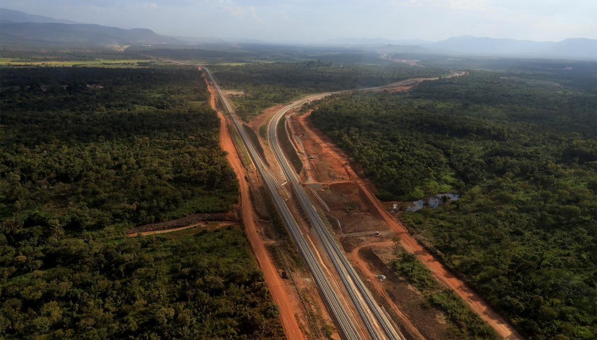 Aerial view of the 650km plus railway line connecting Simandou to the port of Morebaya, in the Nzérékoré region of Guinea, on 4 November 2025.