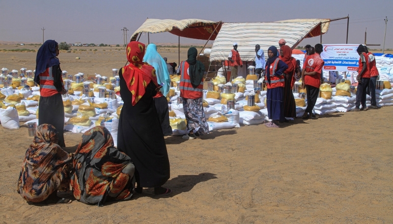 Refugees who fled El Fasher after the arrival of the RSF wait for humanitarian aid at the Al Afad camp in northern Sudan, 25 November 2025.
