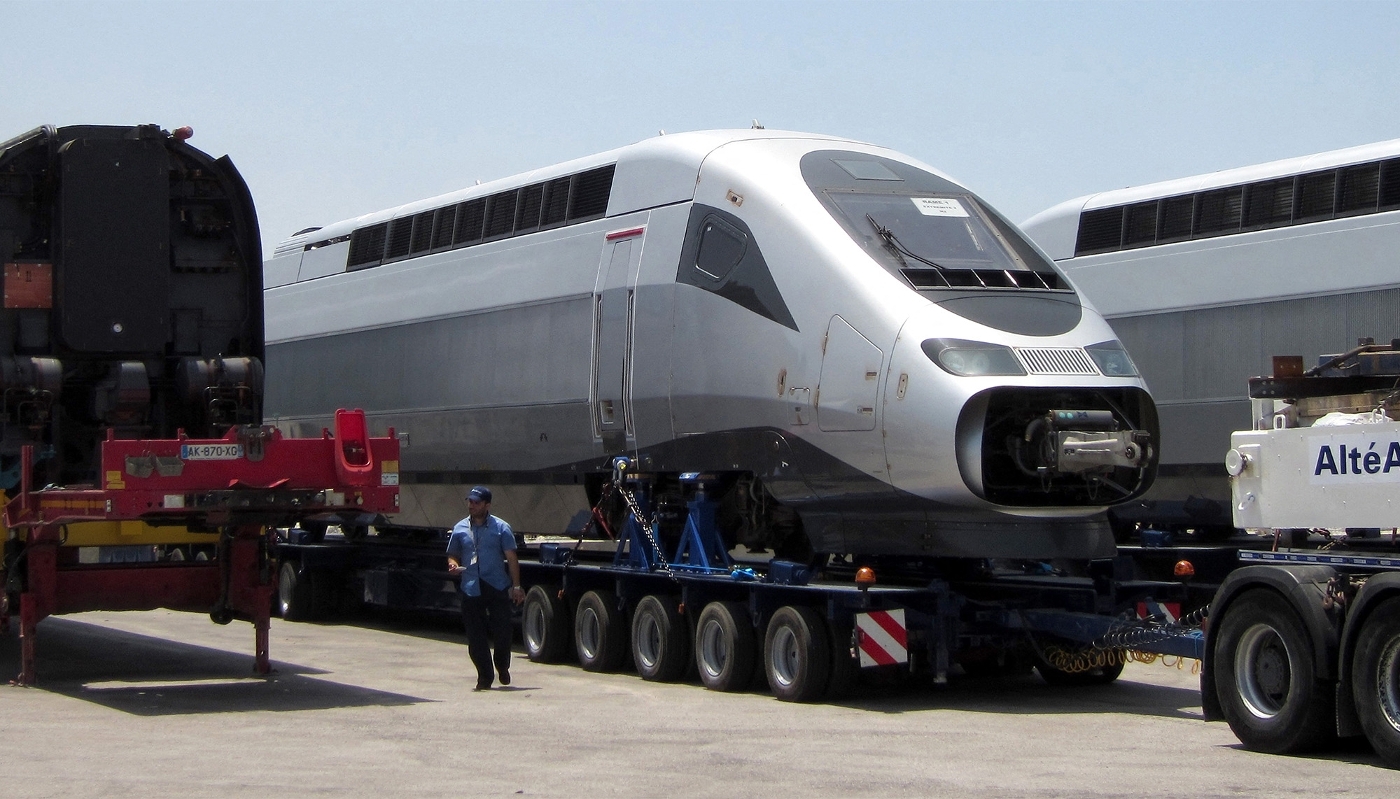 A TGV high-speed train carriage built by Alstom, at the Moroccan port of Tangier, in June 2015.