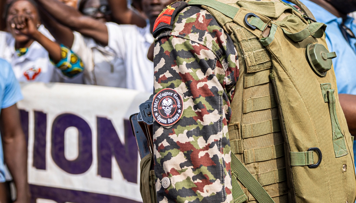 A general view of a patch with the logo of the private mercenary group Wagner on the uniform of a member of the Central African Republic armed forces in Bouboui (CAR), 1 March 2025.