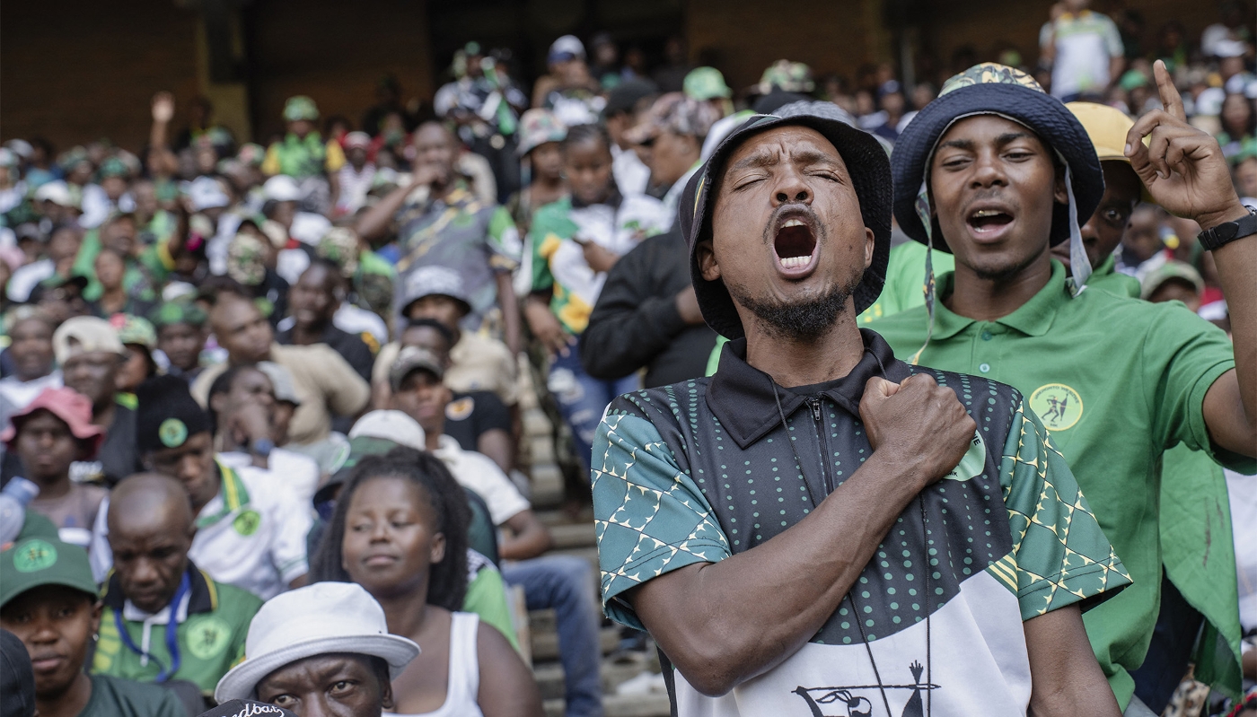 Supporters at an election rally of uMkhonto we Sizwe (MK), ex-president Jacob Zuma’s new party, in Soweto on 18 May 2024.
