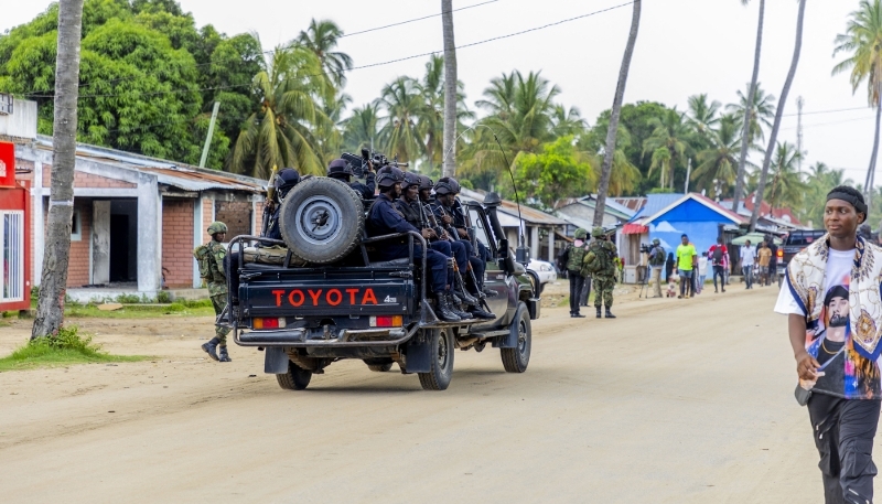 Rwandan soldiers patrol in Palma in Cabo Delgado province, 17 December 2023.