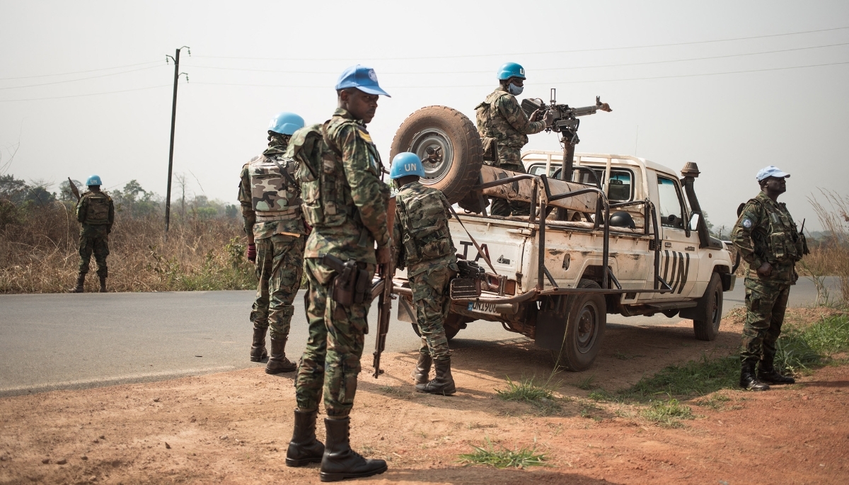 Rwandan peacekeepers from MINUSCA deployed on the road from Bangui to Damara, CAR, in 2021.