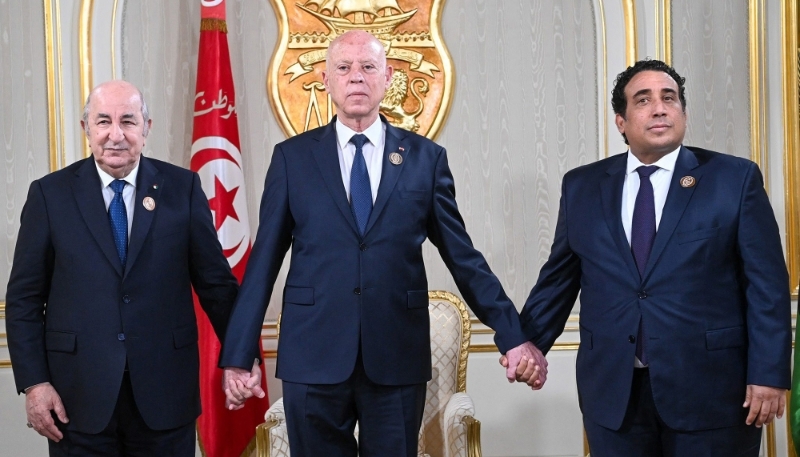 Presidents Abdelmadjid Tebboune (Algeria), Kais Saied (Tunisia) and Mohamed el-Menfi (Libya) on 22 April 2024 in Tunis.