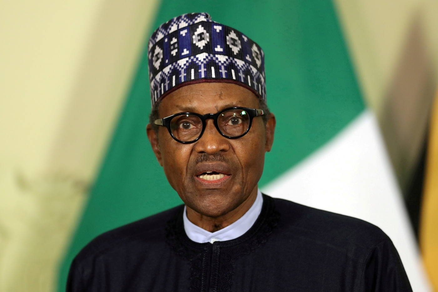 Nigerian President Muhammadu Buhari speaks during a news conference.