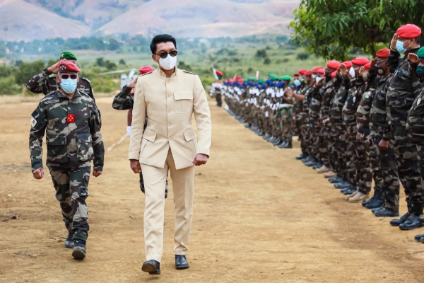 Malagasy President Andry Rajoelina and National Defence Minister Richard Rakotonirina (left) at the inauguration of the Iakora Forward Operating Base in May 2021.