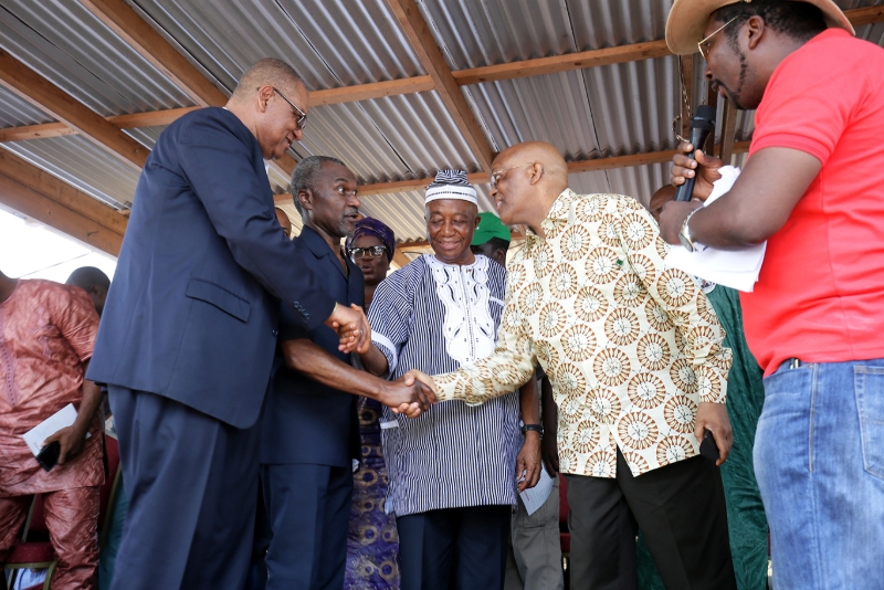 Former vice president and former presidential candidate of the former ruling Unity Party (UP) Joseph N Boakai (2-R), Charles Walker Brumskine (R) former presidential candidate of Liberty Party (LP), Alexander B. Cummings (2-L) of the Alternative National Congress (ANC), and Benoni Urey (L) of All Liberian Party (ALP).