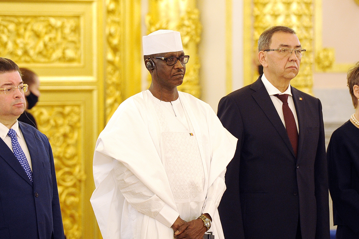 Mahamoud Adam Bechir (centre) attending a ceremony to present credentials to the Russian president at the Alexander Hall of the Grand Kremlin Palace.