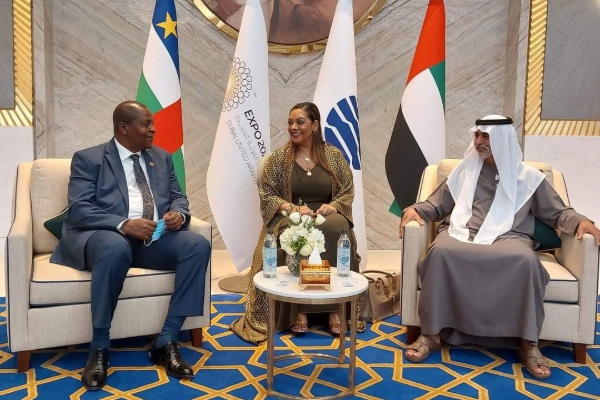 CAR president Faustin Archange Touadéra (left) with his adviser Sandra Boodhun (centre)