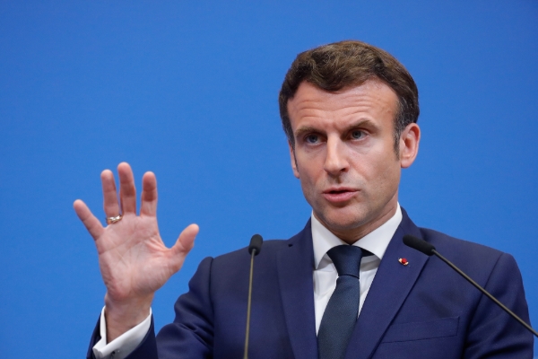 French President Emmanuel Macron at the press conference at the end of G7 meeting of 24 March, annoncing the FARM initiative.