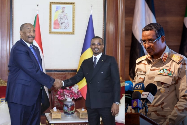 Left: The meeting between Abdel Fattah al-Burhan and Mahamat Idriss Déby on 31 March. Right: Mohamed Hamdan Dagalo.