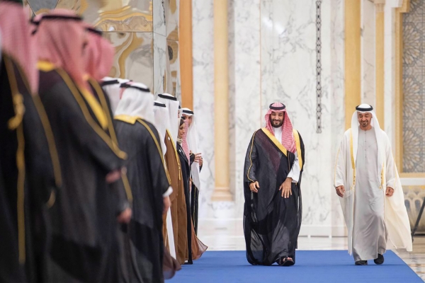 Saudi Crown Prince Mohammed bin Salman (l) meeting with Abu Dhabi Crown Prince Mohammed bin Zayed al-Nahyan (r) in Abu Dhabi, UAE, 8 December 2021.