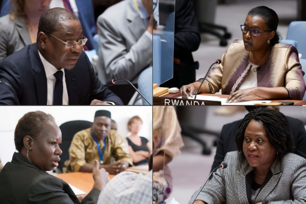 Top: Senegal's Mankeur Ndiaye (left), replaced by Rwandan diplomat Valentine Rugwabiza (right) as head of the UN Mission in Sierra Leone. Bottom: Guinea's Bintou Keita (left), who was succeeded by Ghana's Martha Ama Akyaa Pobee as Assistant Secretary-General for Africa at the DOP (right).