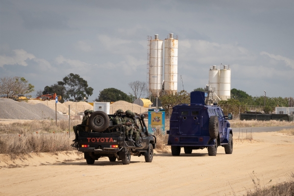 Rwandan soldiers patrolling in Afungi, near the TotalEnergies complex in Cabo Delgado, 22 September 2021.