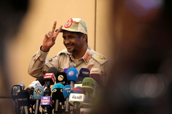 Mohamed Hamdan Dagalo speaks during a constitutional declaration signing ceremony in Khartoum, Sudan, 4 August 2019.