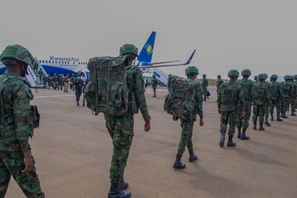 Rwandan army and police personnel boarded a plane for Mozambique in Kigali, capital city of Rwanda, on July 10, 2021.