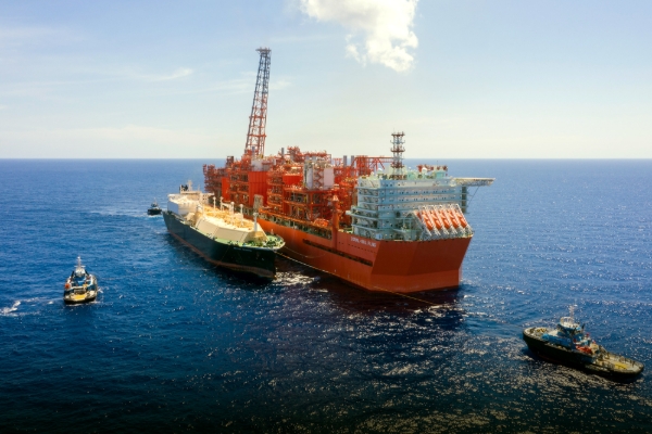 A British tanker loading LNG along the Coral South FLNG in northeast Mozambique.