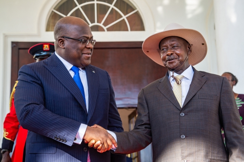 President of Democratic Republic of Congo Felix Tshisekedi shakes hands with Uganda's President Yoweri Museveni in Entebbe, Uganda, on the 9th of November 2019.