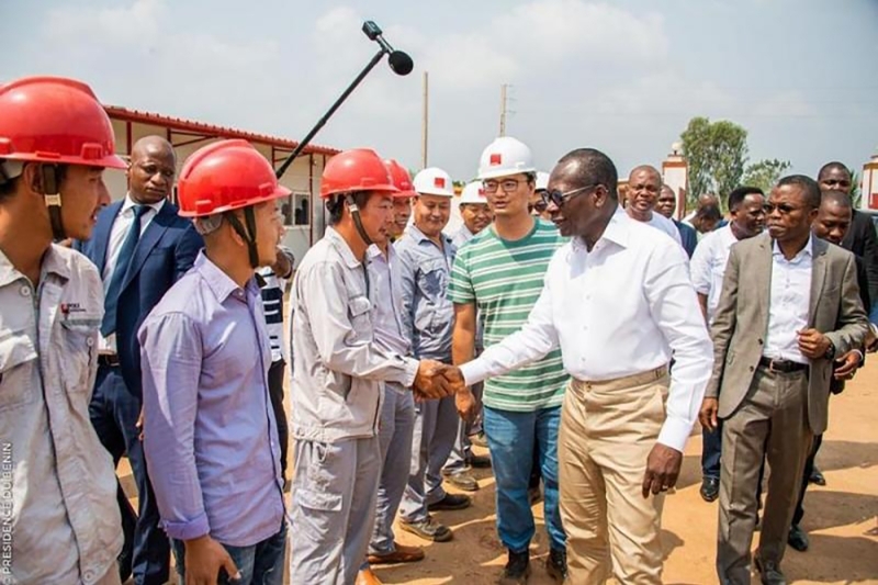 Beninese President Patrice Talon saluting Poly Technologies employees on the Allada barracks site (February 1, 2020).