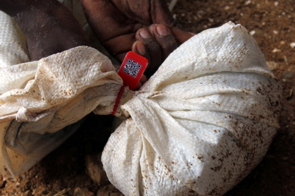 A bag of tantalum from the Gatumba mine in Rwanda sealed in after being tagged and entered into the blockchain traceability system.