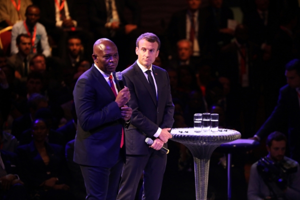 Tony Elumelu and Emmanuel Macron in Lagos on July 4, 2018.