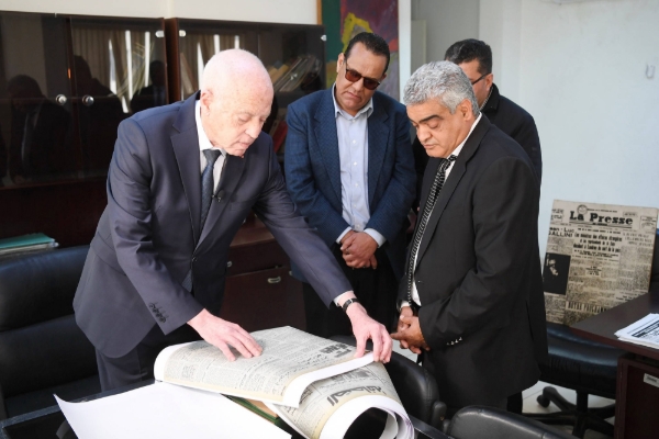 Tunisian President Kaïs Saied visiting the headquarters of Snipe-La Presse on 11 March 2023.